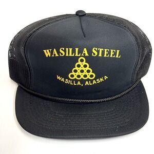 Vintage Hanes Mesh Snapback Trucker Hat Wasilla Steel Alaska w/ rope